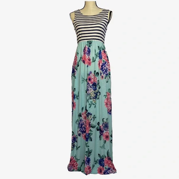 SOLD PinkBlush Maternity Summer Stripe Floral Sleeveless Dress - Picture 1 of 4